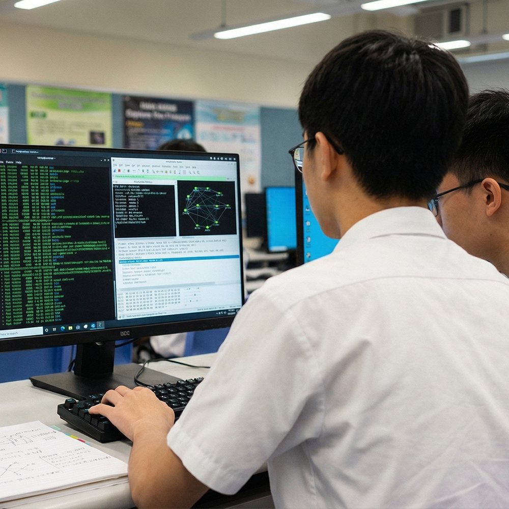 Students at computer workstations learning web and app development in a modern coding classroom