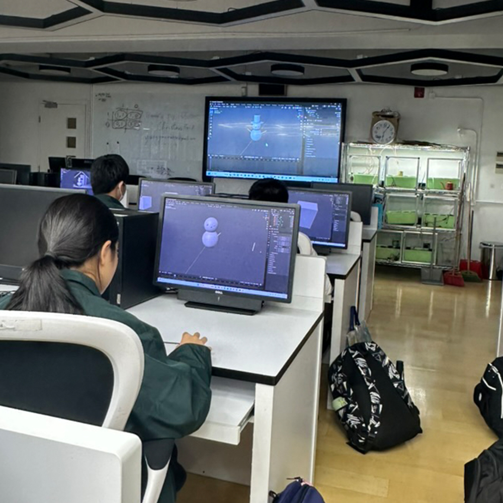 Abstract 3D digital landscape with glowing neon lines and geometric structures in a deep navy and teal space environment