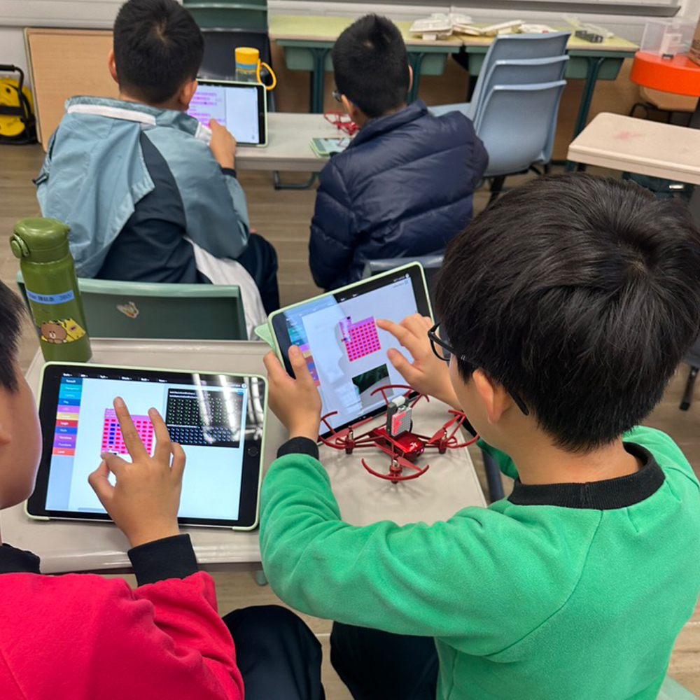 Modern DJI RoboMaster robot moving on specialized track, sleek industrial design with LED accents and sophisticated mechanics